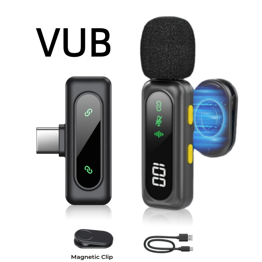 Wireless Lavalier Microphone USB-C 2.4G with DSP Noise Reduction, Digital Battery Display, 360° Omnidirectional Clip-On Lapel Mic, 100ft Range, Furry Windshield, Rotatable Magnetic Clip for iPhone, Android, Camera & Content Creators