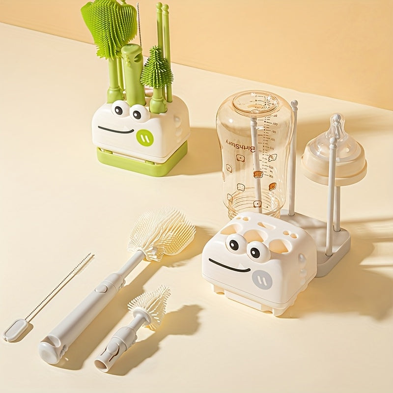 8-in-1 Silicone Baby Bottle Brush Cleaning Set with Portable Case, Drying Rack, Straw Brush & Nipple Brush, All-in-One Feeding Accessory for Home & Outdoor Use, 3 Colors Including Beige Green & Pink