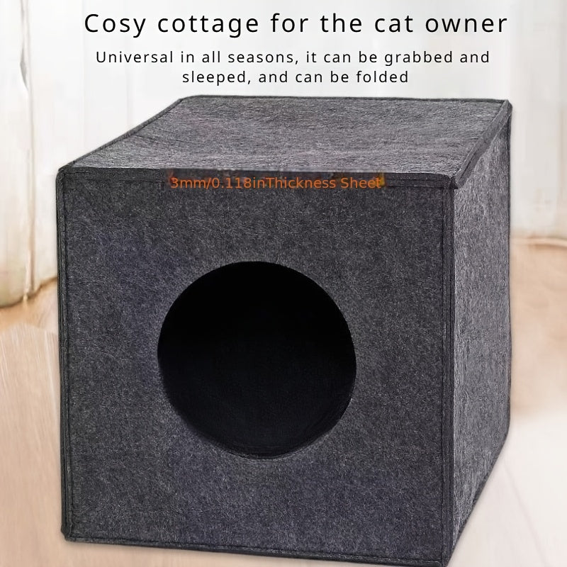 方形毛毡猫窝 可折叠可机洗 – 3mm加厚半封闭猫屋，不塌陷，四季通用室内猫咪睡眠玩耍洞穴，13x14.5x13英寸，深灰色和浅灰色