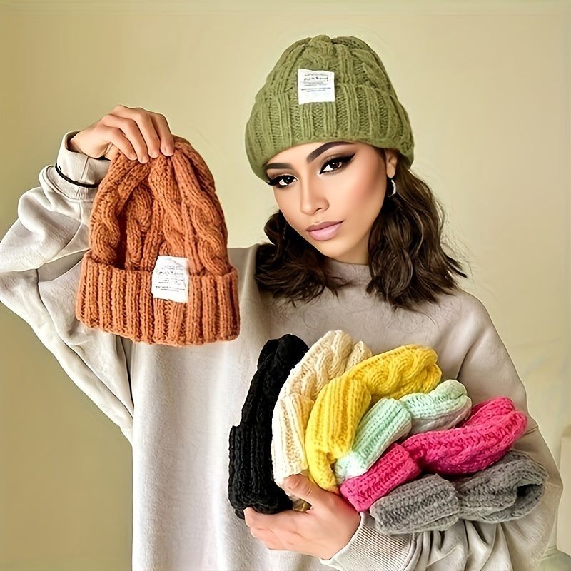 2 Pack Winter Knit Beanies for Women and Men, Candy-Colored Chunky Cable Knit Warm Hats with Ear Protection, Loose Fit Slouchy Beanie for Outdoor Streetwear in Cold Weather
