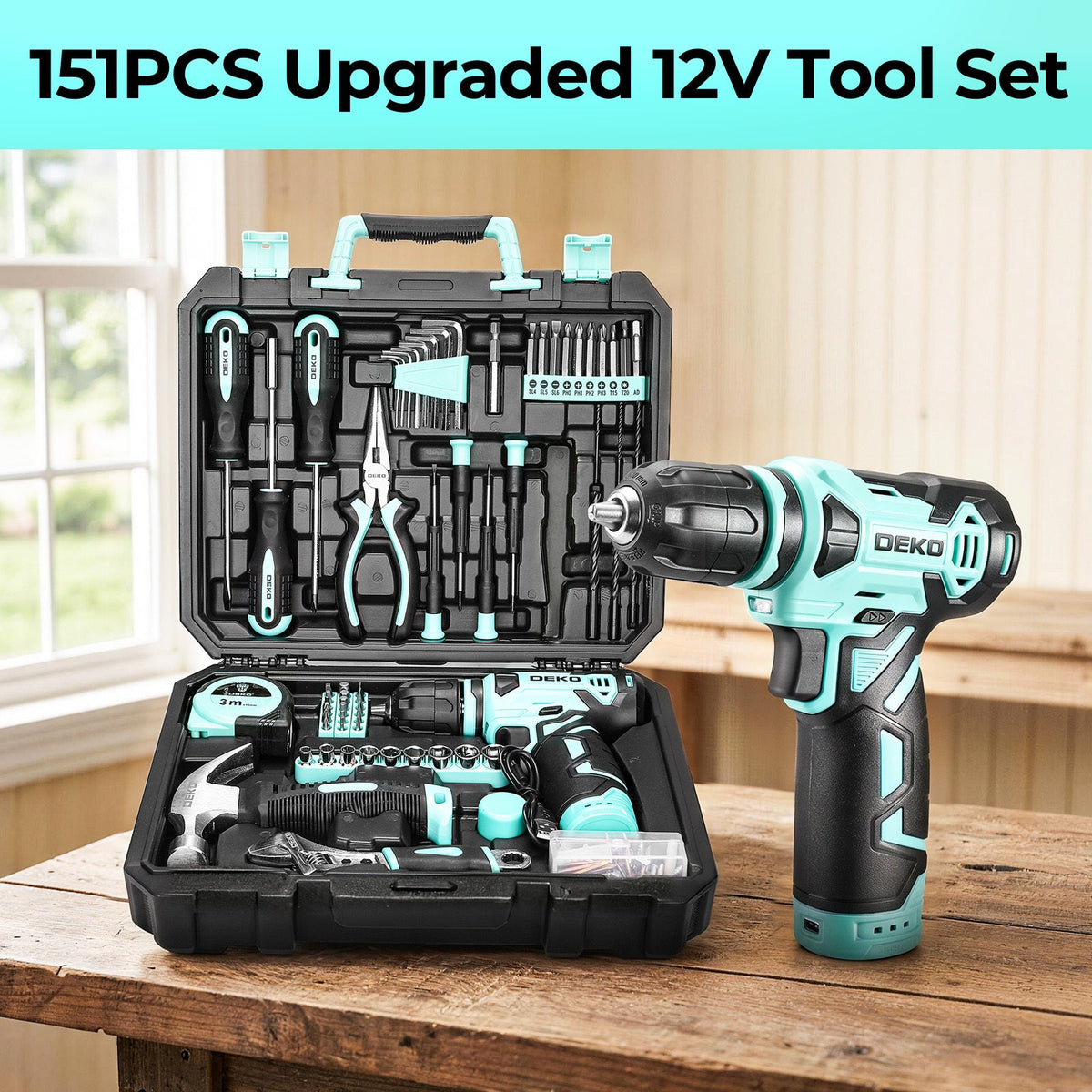 DEKO 151-Piece Tool Set with 12V Cordless Drill – Complete Home Repair Kit with Screwdrivers Hammer Tape Measure & Precision Tools in 5 Colors