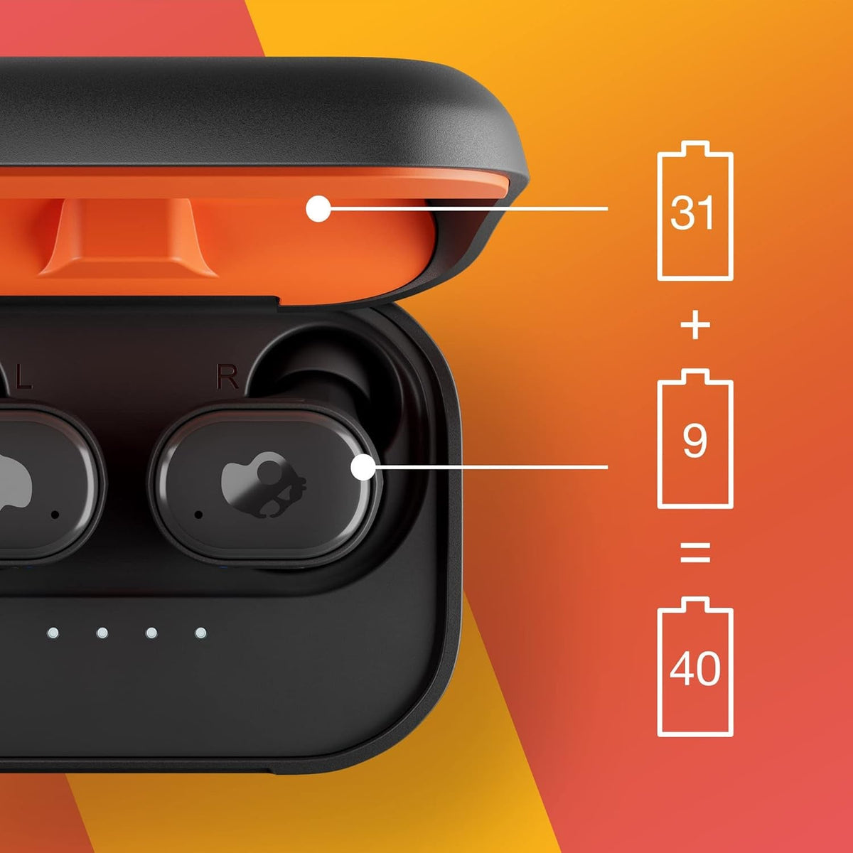 Skullcandy Grind Fuel Wireless Earbuds 40Hr Battery Rapid Charge IP55 Noise Isolating Wireless Charging Case Skull-iQ App Tile Finding & Microphone – True Black/Orange