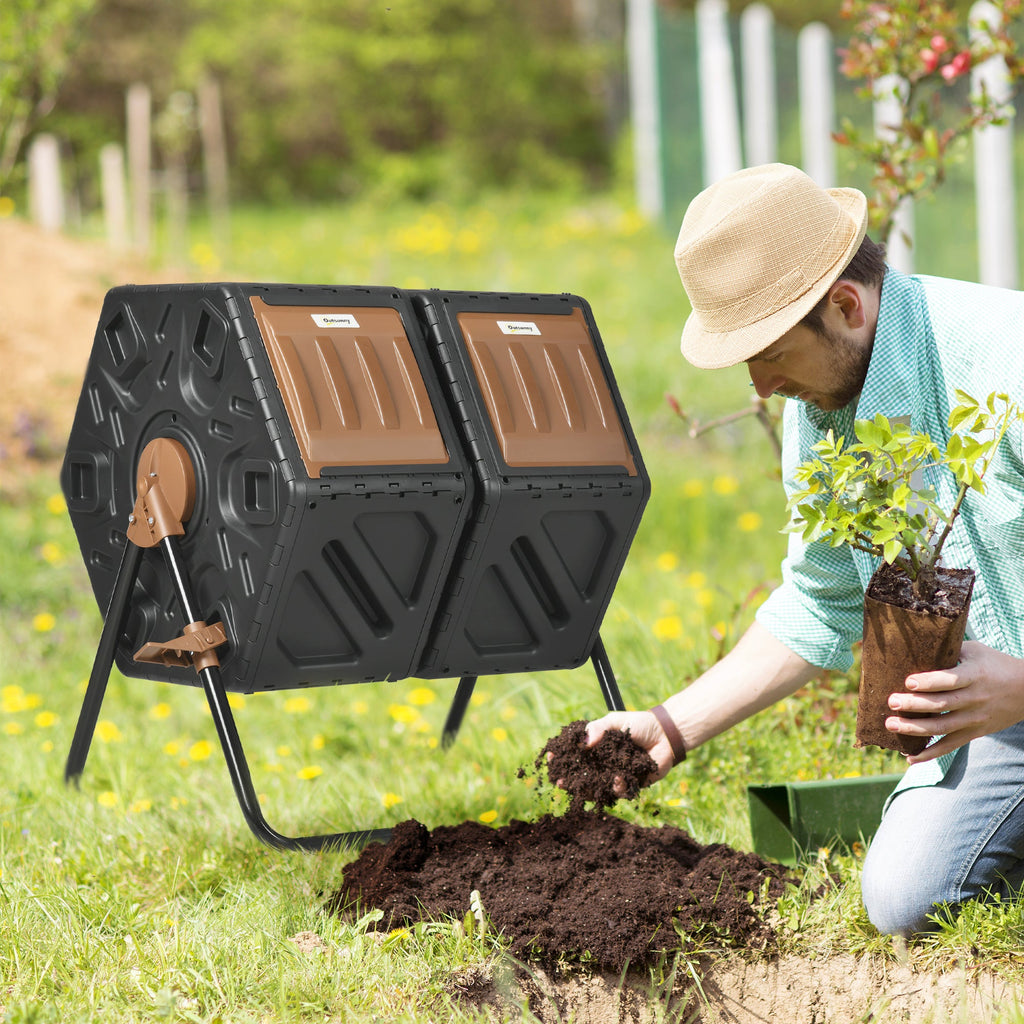 34.5-Gallon Dual Chamber Rotating Compost Tumbler, 360° Spin, 24 Ventilation Openings, Lock Brake, Anti-Clump Divider Bar, Steel Legs, 26.4"x23.6"x30.3", Compost Ready in 1-3 Months, Brown