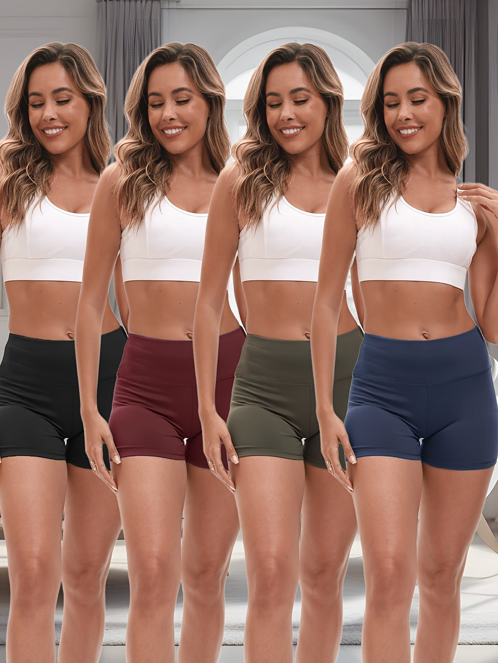 4-Piece Women's High-Stretch Yoga Shorts Set – Hip-Lifting Quick-Dry Fitness Shorts with Elastic Waist & 2 Pockets, Solid Color Athletic Shorts for Gym, Running, and Pilates, S-XXL