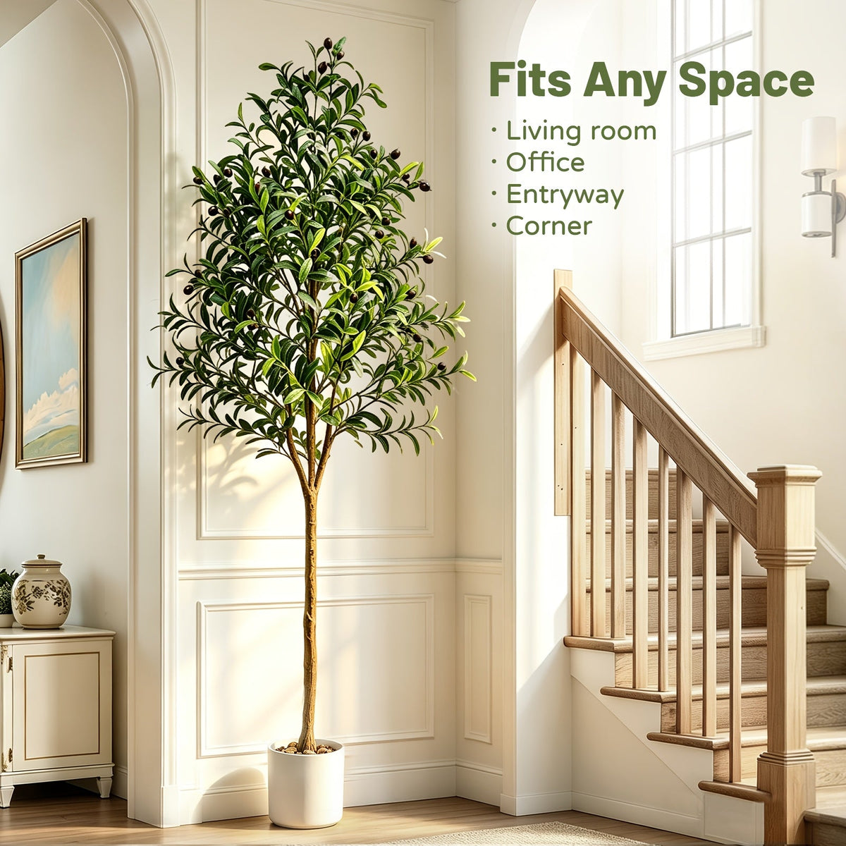 6FT Artificial Olive Tree Indoor – Faux Olive Tree with Natural Wood Trunk Realistic Leaves Lifelike Fruits & Cobblestone Base for Home Living Room & Office Decor