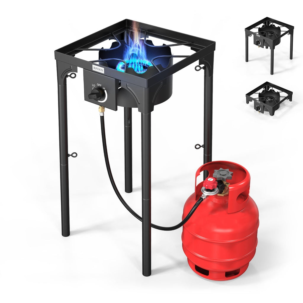 高压丙烷燃烧炉 100,000-225,000 BTU - 重型铸铁户外露营炉具，配可拆卸支腿、CSA 认证减压阀，有单头或三头款式可选，适用于露营、车尾派对及酿造。
