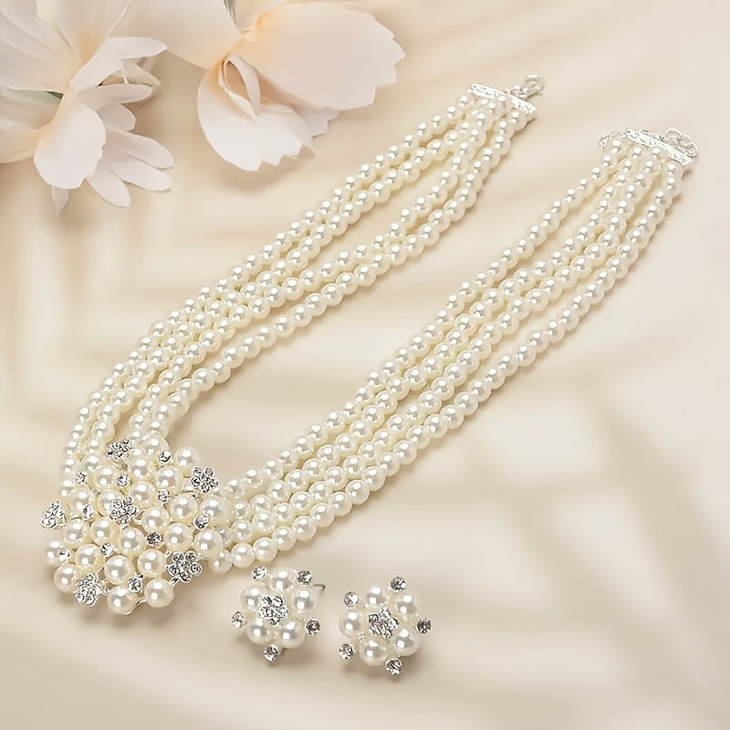 Luxury Bridal Necklace & Earring Set for Women – Silver-Plated Beaded Jewelry Set for Weddings, Evening Parties & Stage Performances, Elegant Dress Accessories