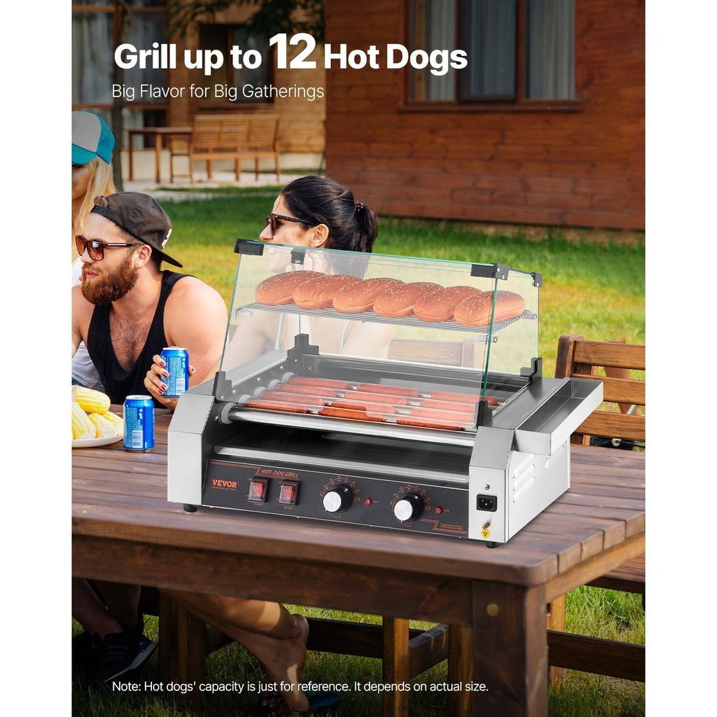 VEVOR Hot Dog Roller Machine 12 Hot Dogs 5 Stainless Steel Rollers Dual Temperature Control Glass Cover Storage Box & Removable Drip Tray for Food Stands Parties & Restaurants – Silver