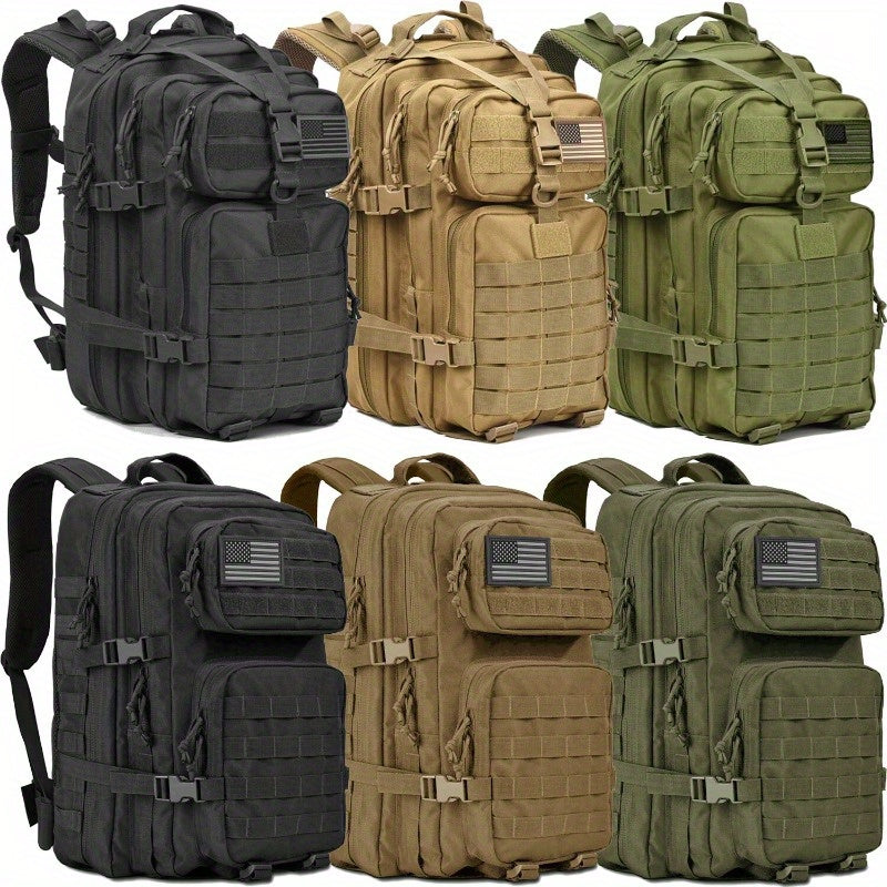 Men's Large Tactical Backpack – 45L MOLLE System 3-Day Rucksack for Hiking Fishing Hunting Travel & Mountaineering in Khaki Red & Black (Flag Badge Included)