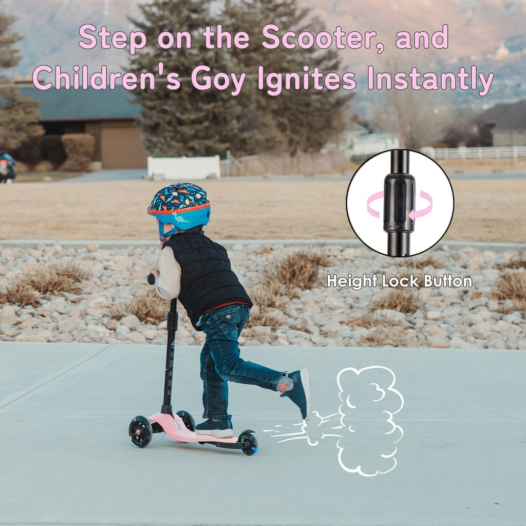 Kids 3-Wheel Scooter with Light-Up Wheels – Adjustable Height Lean-to-Steer Toddler Scooter for Ages 2-5, Front Brake & Double Suspension, Pink Blue Black Red