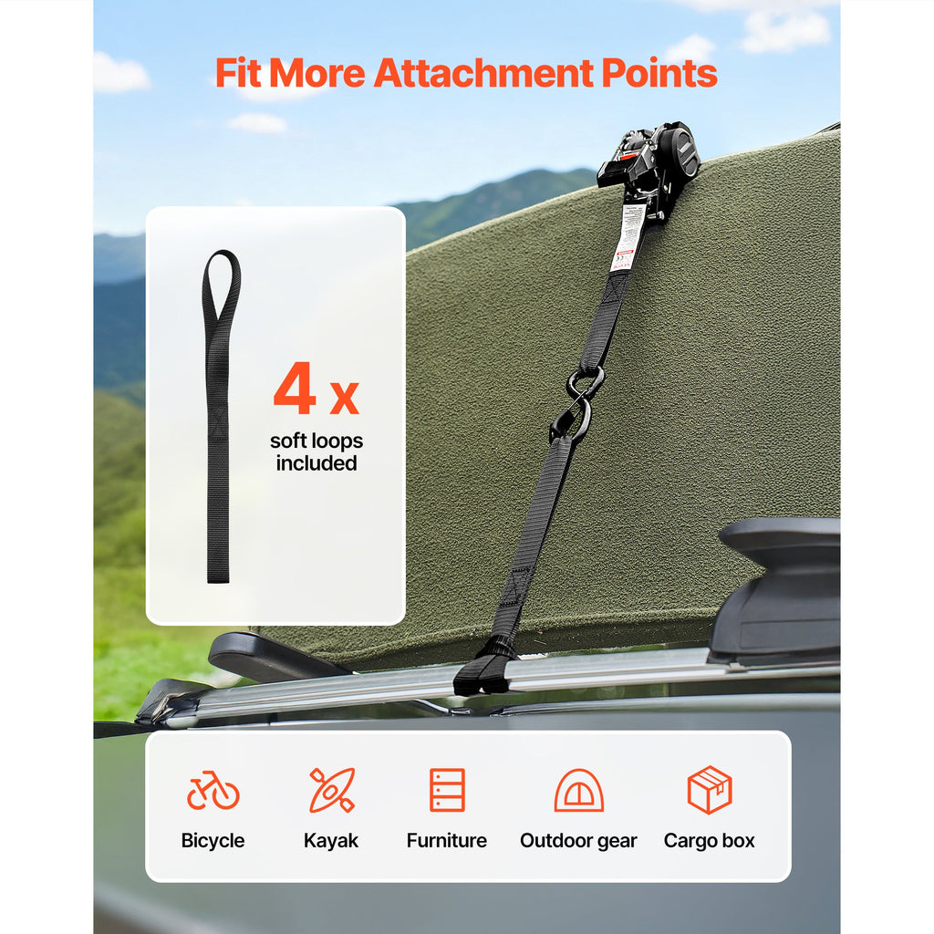 VEVOR Retractable Ratchet Straps 4-Pack - 1" x 10 ft, 400 lbs WLL / 1,200 lbs Break Strength, One-Touch Auto Retract, S-Hooks & 4 Soft Loops - Moving, Trailers, Motorcycles, Kayaks & Car Roof - Black