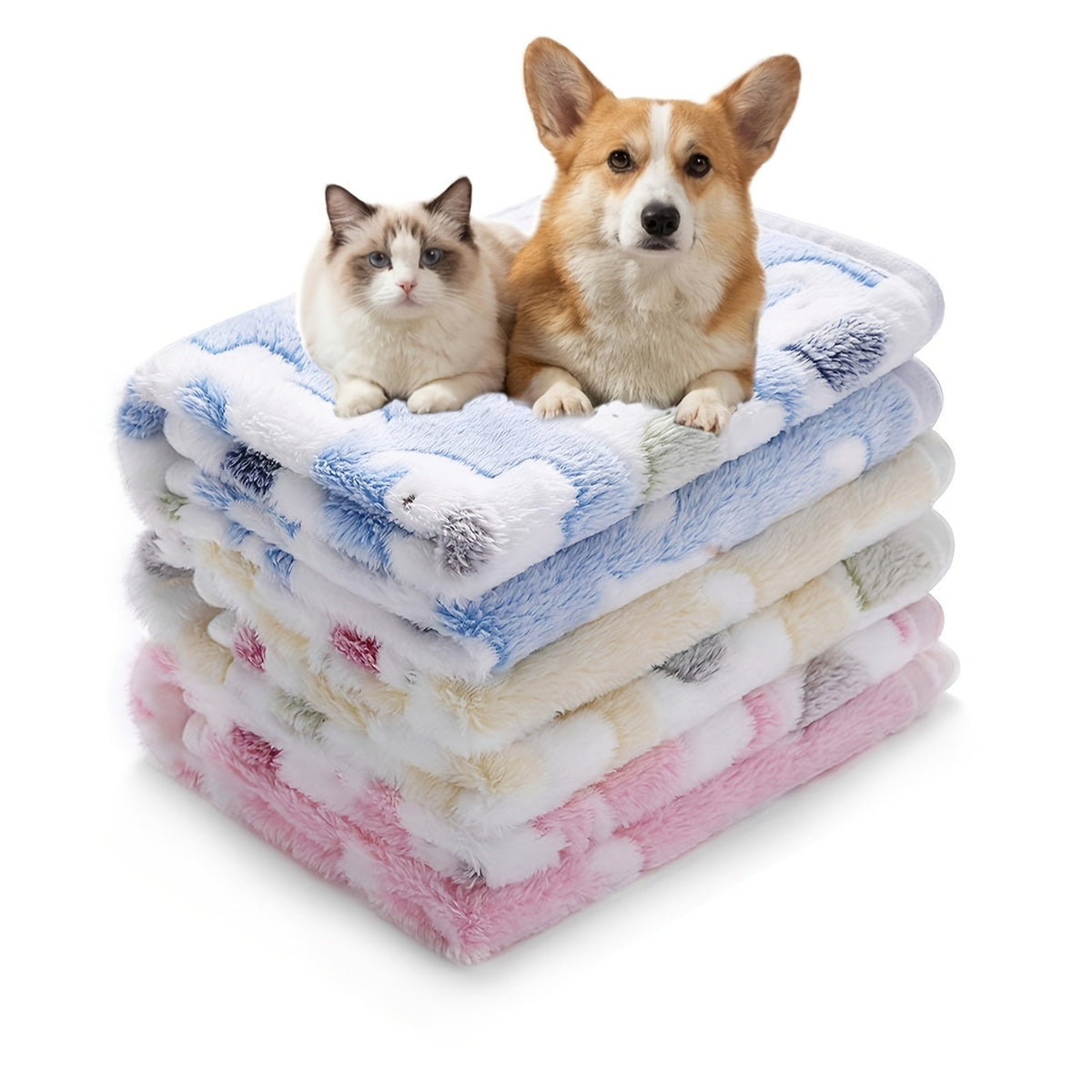 Fleece Pet Blanket 3-Pack for Dogs, Cats & Puppies – Super Soft, Fluffy, and Tear-Resistant Flannel Throw, Paw Print (Brown, Pink, White), Machine Washable, Includes Free Pet Drying Towel