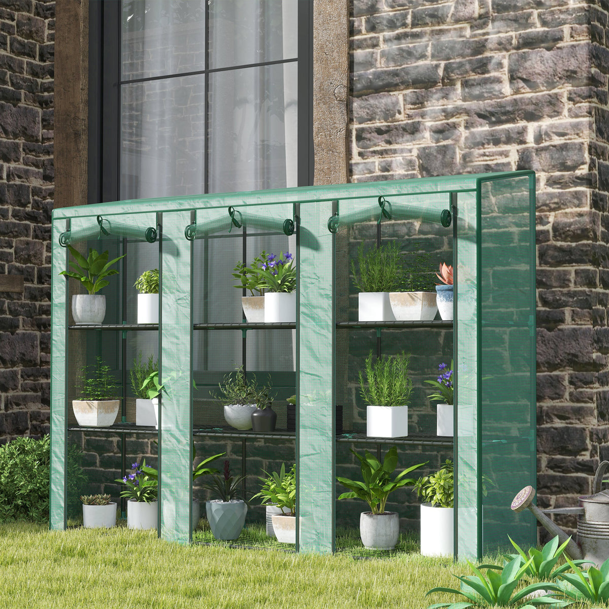 Lean-To Mini Greenhouse, 84.6"x18.1"x56.7", 3-Tier 9 Wire Shelves, 140GSM UV-Resistant PE Cover, 85% Light Transmission, 3 Roll-Up Zip Doors, Powder-Coated Steel Frame, Indoor Outdoor, Green