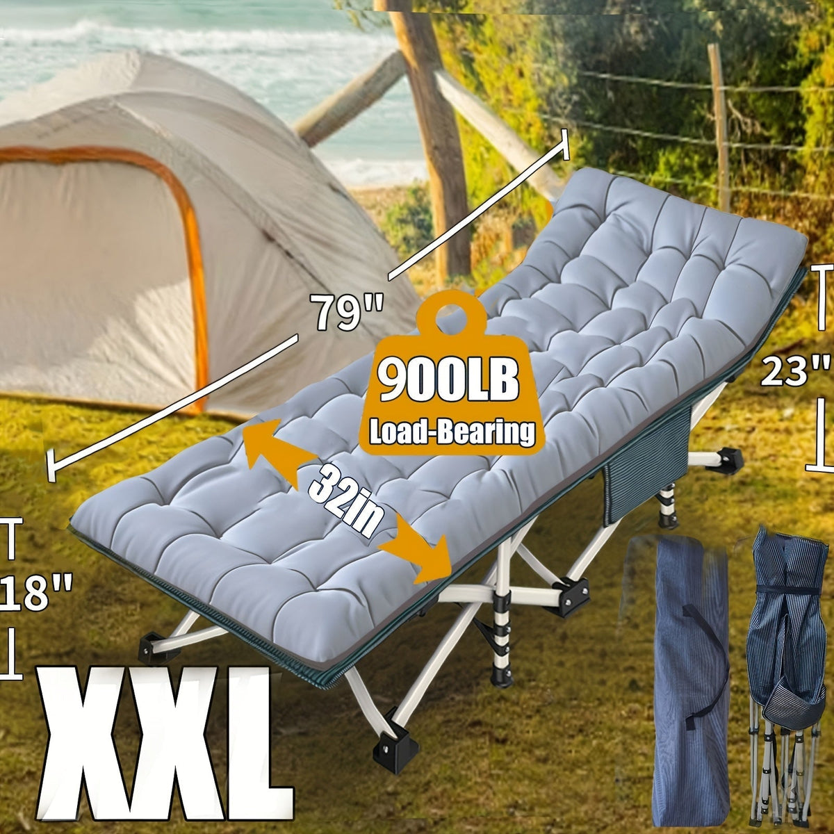 XXL 32-Inch Wide Camping Cot with Mattress – 1200D Oxford Heavy-Duty Folding Sleeping Cot with Carry Bag for Adults, Extra Wide Portable Outdoor Bed for Camping, Hiking, Travel & Guest Use