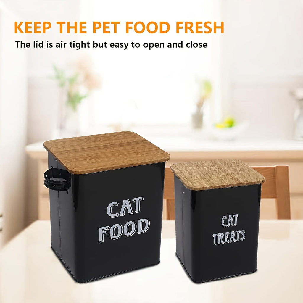 Metal Cat Food Storage Container with Scoop and Tight-Fitting Lid - Vintage Airtight Cat Treat Canister for Dry Cat Food - Stylish Pet Food Storage Tin with Locking Lid, Black