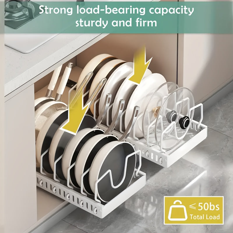 Pull-Out Pot & Pan Organizer Rack for Under Cabinet – Slide-Out Lid Holder with 8 Adjustable Compartments, Drill-Free Installation, Kitchen Cabinet Cookware & Baking Sheet Organizer – 1pc or 2pcs