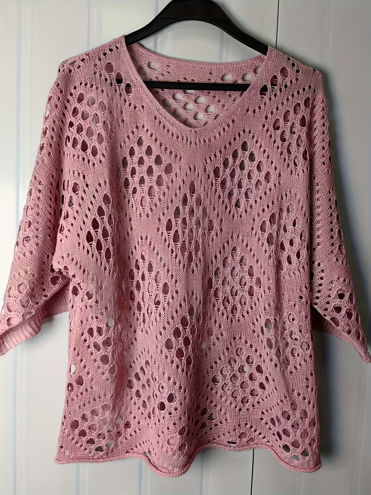 Bohemian V-Neck Openwork Sweater Women's 3/4 Sleeve Lightweight Pullover Spring Summer Fall Casual Tops US Warehouse