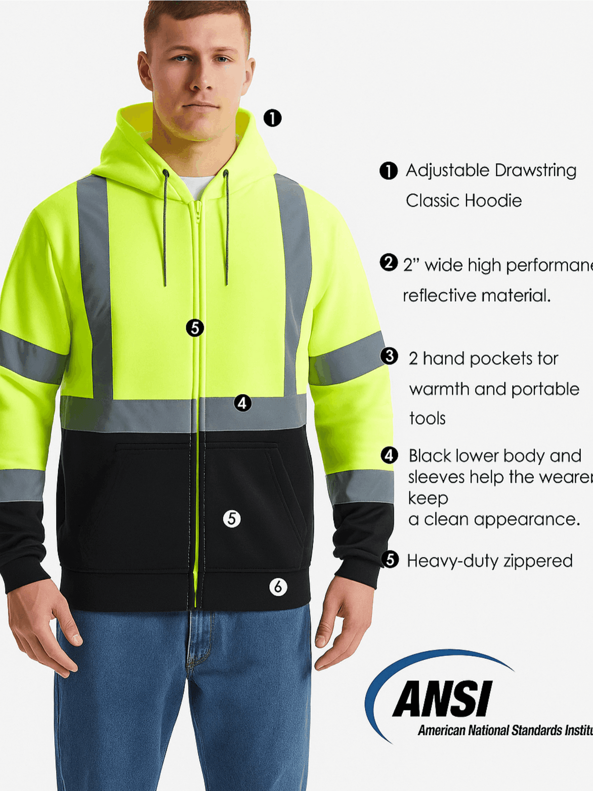 High Visibility ANSI Class 3 Type R Reflective Safety Zip-Up Fleece Hoodie for Men and Women, Construction Workwear with Neck Gaiter, Fluorescent Yellow