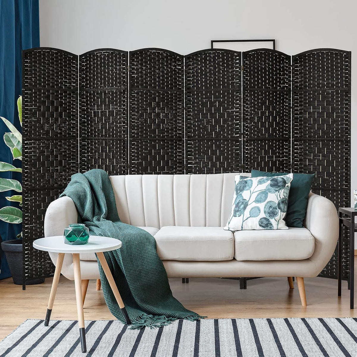 6-Panel 6ft Tall Folding Room Divider Hand-Woven Paper Fiber & Poplar Frame Freestanding Privacy Screen for Bedroom Living Room Office & Porch – No Assembly, Air Circulation, Black/Brown