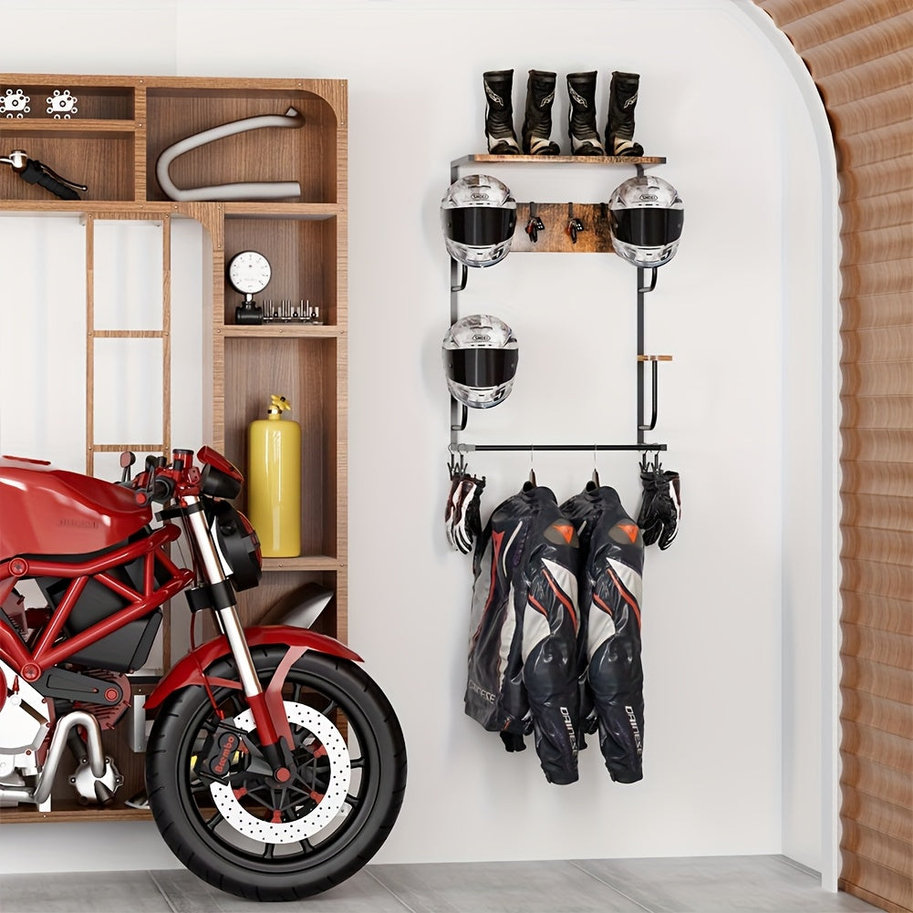 Wall Mounted Motorcycle Helmet Holder - 4 Clips & 4 Hooks, Helmet Rack & Hanger for Motorcycle Accessories Storage - Black