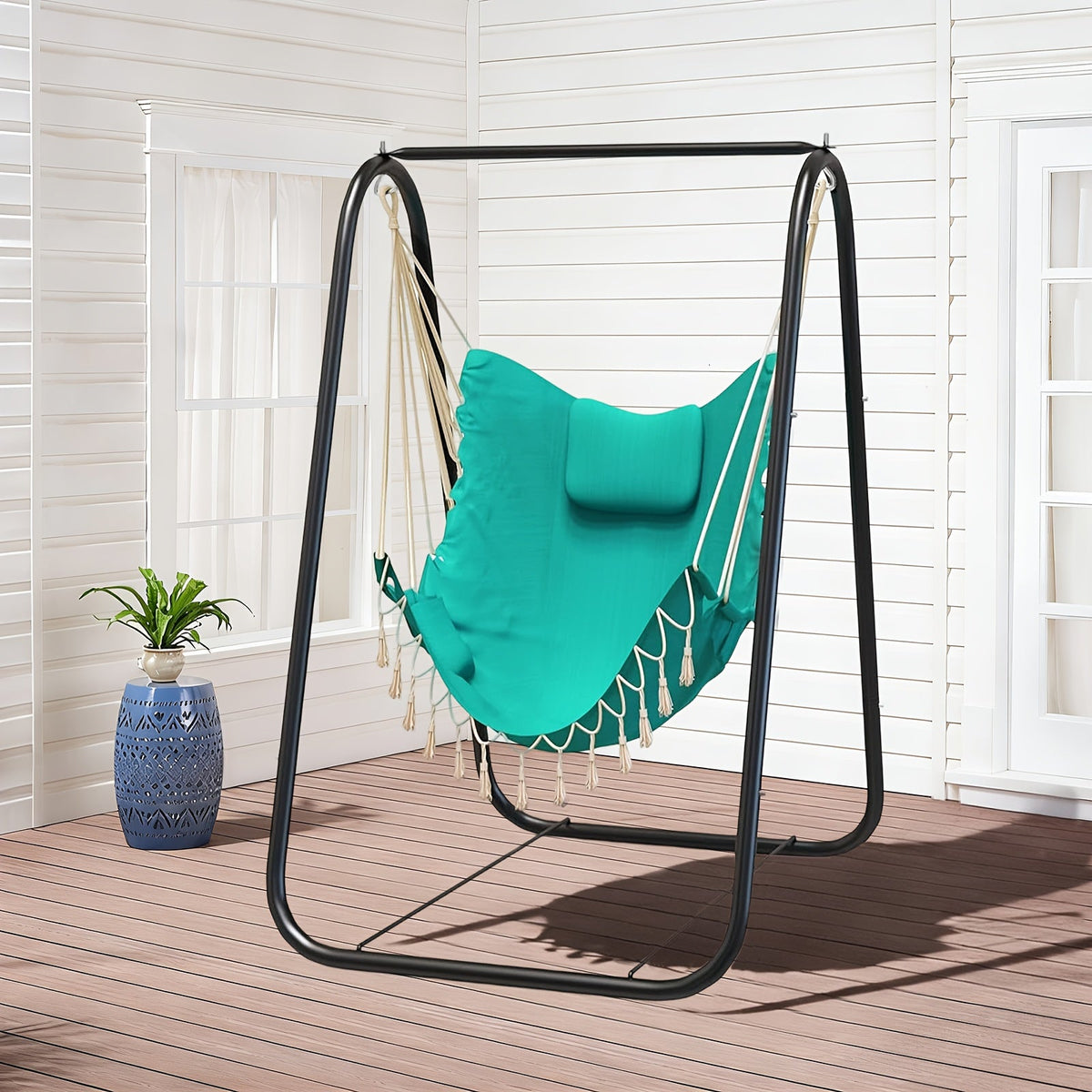 Metal A-Frame Outdoor Swing Chair with Stand – Rust-Proof Hammock Chair for Patio, Garden & Poolside, 500 LBS Capacity, 10-Min Assembly, Neck Cushion & Side Pocket, Gray Blue Navy Teal – Nova Mart