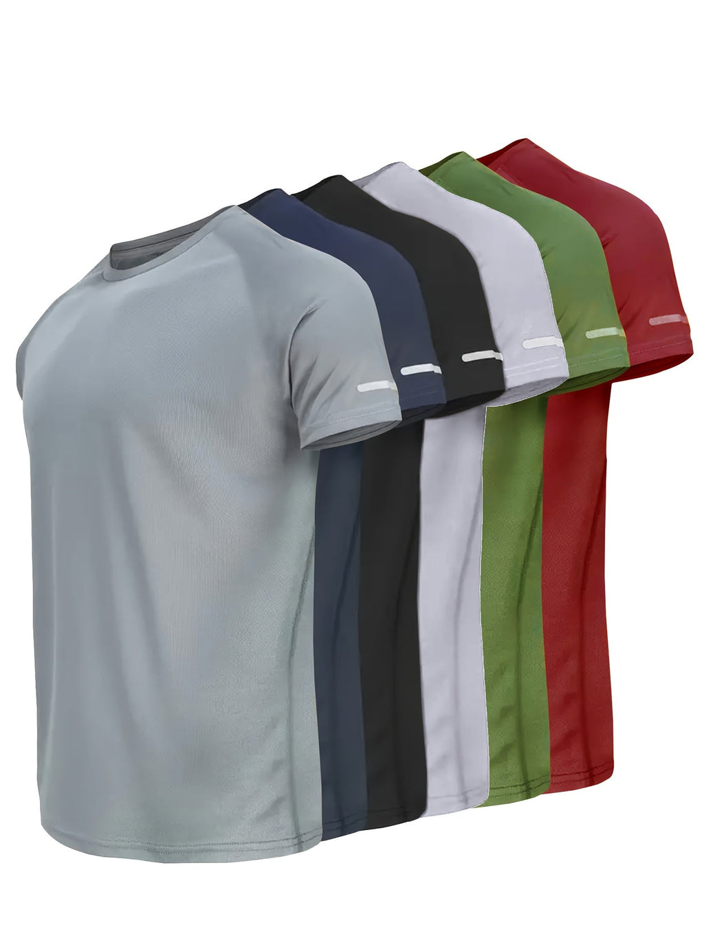 6-Pack Reflective Stripe Quick-Dry Moisture-Wicking Running T-Shirts - Breathable Short-Sleeve Crew Neck - Gym & Workout - XS–XXL - Gray, Navy, Black, White, Army Green & Wine Red