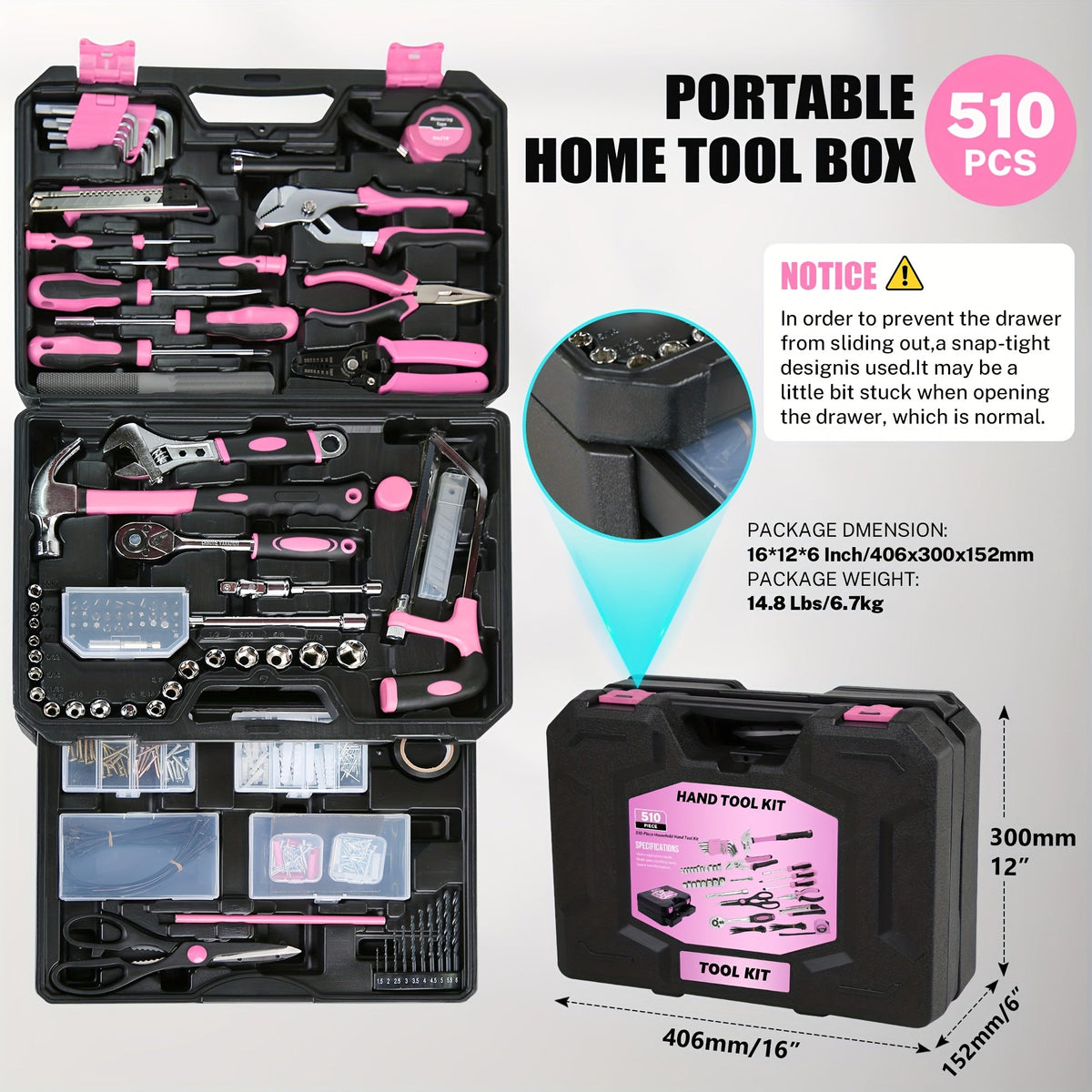 510-Piece Pink Tool Kit Set with 1-Drawer Toolbox Storage Case, Home Repair Mechanics Tool Set with Screwdrivers Pliers Wrenches Sockets, Ergonomic Handles, Portable Organizer for Women & Men