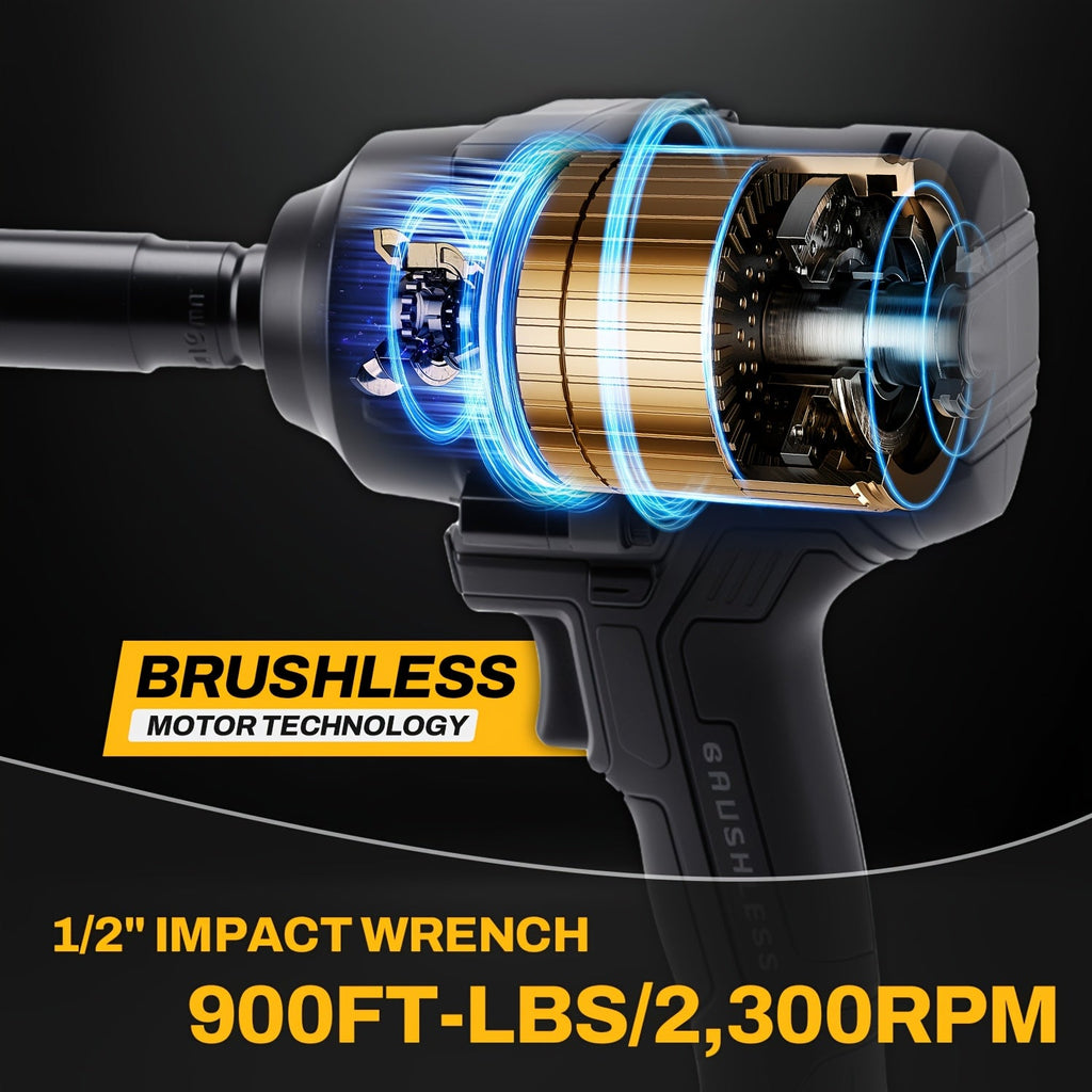 900 Ft-lbs Cordless Impact Wrench 1/2", Brushless Motor, 3-Speed, Compatible with DeWalt 20V MAX Battery, High-Torque Electric Impact Gun for Auto Repair & Heavy-Duty Jobs (Tool Only, No Battery)