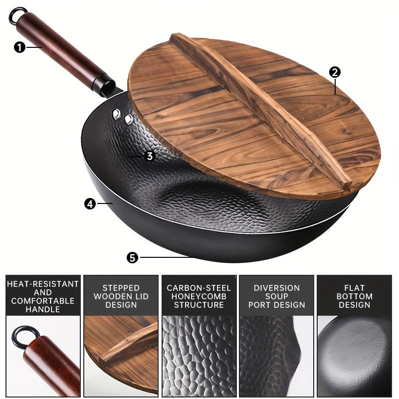 12.6" Carbon Steel Wok with 11-Piece Cookware Accessories - Flat Bottom Chinese Stir Fry Pan for Induction, Electric, Gas & Halogen - All Stoves Compatible