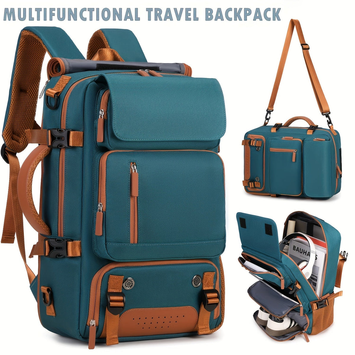 Multifunctional Large Capacity Backpack - Laptop, Travel & Student Bag - Handheld, Single Shoulder & Double Back Carry - Fern Green, Light Green & Peacock Blue