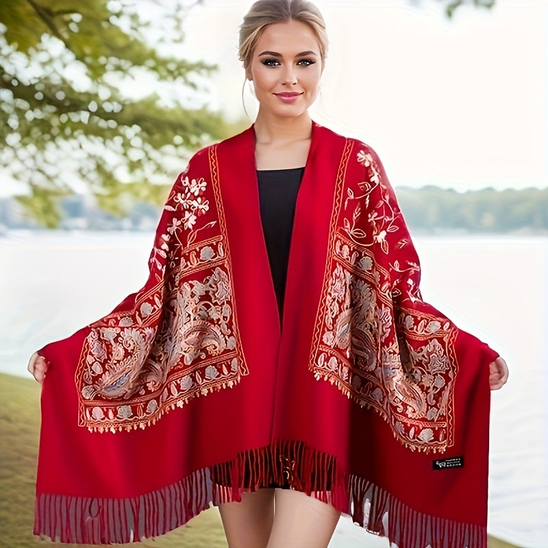 Women's Bohemian Cashmere Shawl Scarf – Vintage Paisley Embroidery with Tassel Trim, Lightweight Warm Wrap for Spring & Fall, 6 Colors, Hand Washable for Casual & Dressy Outfits