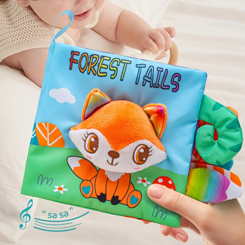 Baby Cloth Sensory Book with 3D Animal Tails, Interactive Soft Fabric Book for Infants & Toddlers 0-12 Months, Crinkle Teething Toy for Cognitive & Motor Skills Development, No Batteries Needed