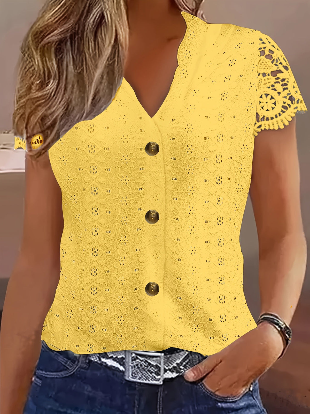Lace Patchwork V-Neck Blouse Women's Hollow Out Eyelet Button Down Short Sleeve Summer Top Casual Elegant Fitted Shirt White Black Pink Khaki Green S-XXL