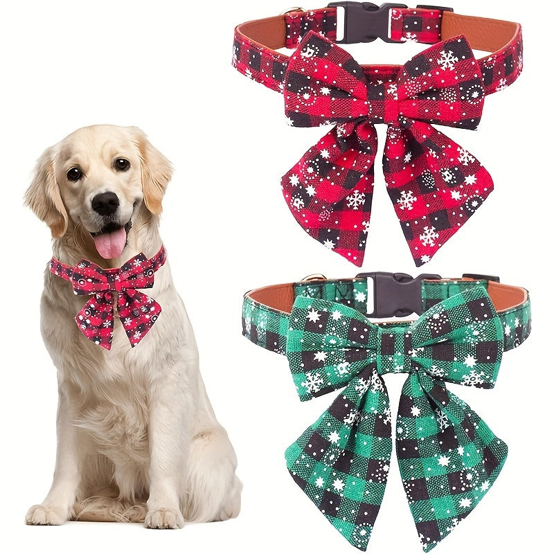Christmas Dog Collar with Removable Bow Tie – Classic Plaid Red & Green Holiday Pet Collar for Small, Medium, and Large Dogs, Festive Xmas Gift