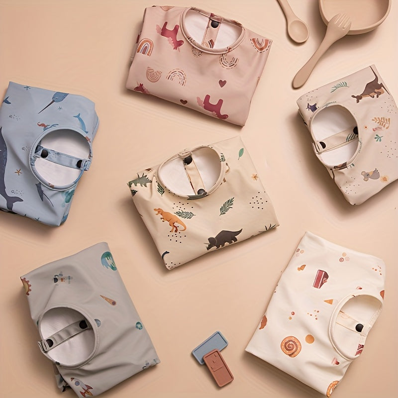 Baby Long-Sleeve Feeding Bib Smock for Boys & Girls, Waterproof Art Smock with Cute Prints for Infants & Toddlers Ages 6-36 Months, Reusable Mealtime & Painting Coverall
