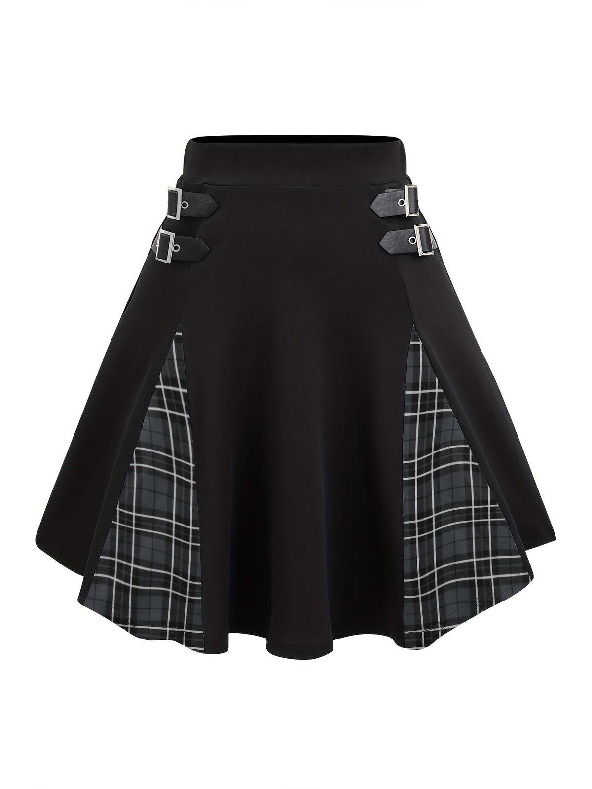 Gothic Plaid Buckle High-Waisted A-Line Mini Skirt Women's Y2K Gingham Color Block Knit Skirt Black Gray Red Blue Purple S M L XL XXL