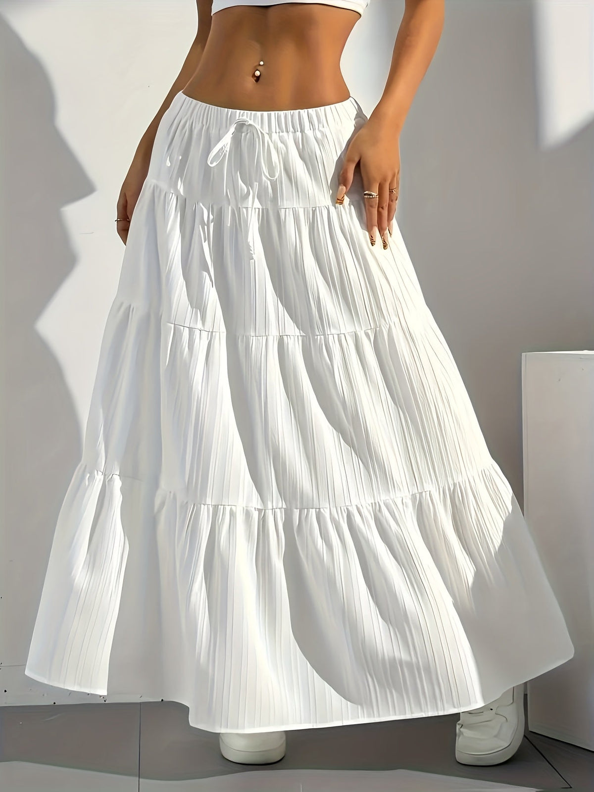 Women's Solid Color Tie-Back Flared A-Line Midi Skirt – Elegant Loose Swing Skirt Western Fashion Spring Summer Fall Casual Chic Skirt