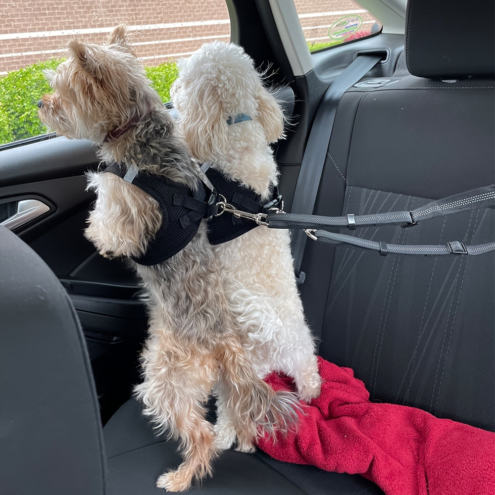 Dual Dog Car Seat Belt for 2 Dogs, No-Tangle Headrest Restraint, Adjustable Bungee Pet Safety Harness for Small, Medium, and Large Dogs for Car Travel