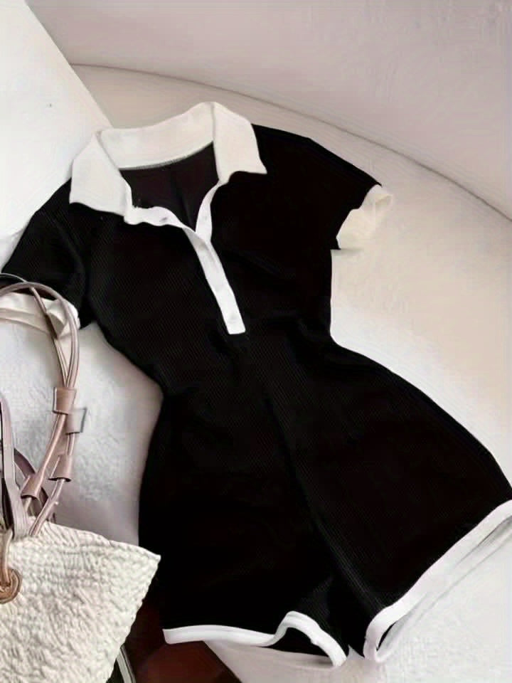Women's Color Block Bodysuit Y2K Lapel Collar Casual Stretch Fitted One-Piece Top Black XS S M L XL XXL