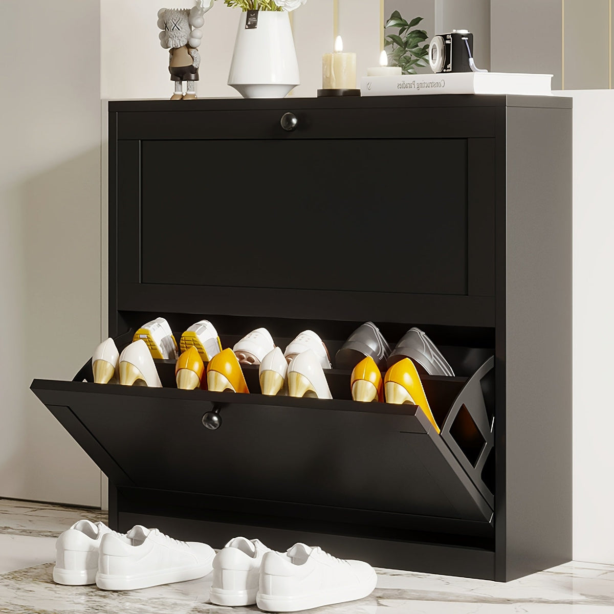 Flip Drawer Shoe Organizer with 2/3/4 Drawers, Space-Saving Shoe Rack Cabinet for Entryway Hallway Living Room Bedroom, Stackable Hidden Storage Shoe Box, Modern Home Shoe Storage Solution