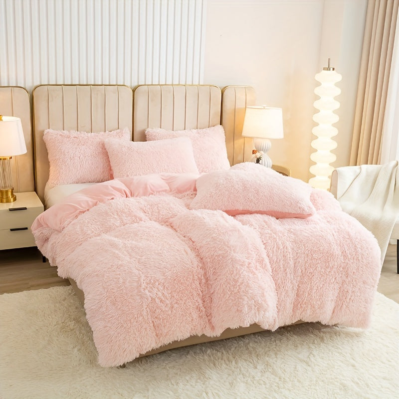 Plush Duvet Cover Set 3 Piece, Long Hair Knitted Polyester, Solid Color Fuzzy Comforter Cover with Zipper Closure, All-Season Soft Cozy Bedding Set for Bedroom, Multiple Colors Available