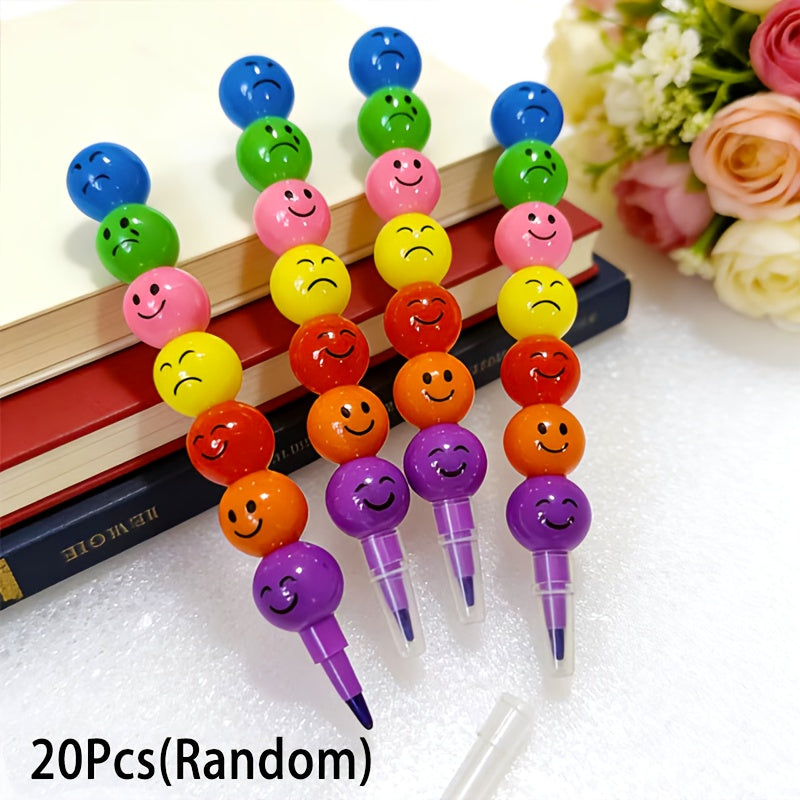 20pcs Cartoon Smiley Face Crayons for Kids - Cute Candy Gourd Shape Crayon Set for Students, Children's Painting Art Supplies, School Stationery Gift, Birthday Christmas Halloween Party Favor, Random Colors