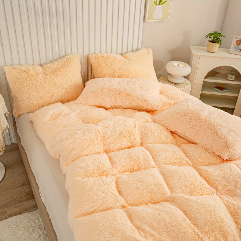 Plush Duvet Cover Set 3 Piece, Long Hair Knitted Polyester, Solid Color Fuzzy Comforter Cover with Zipper Closure, All-Season Soft Cozy Bedding Set for Bedroom, Multiple Colors Available
