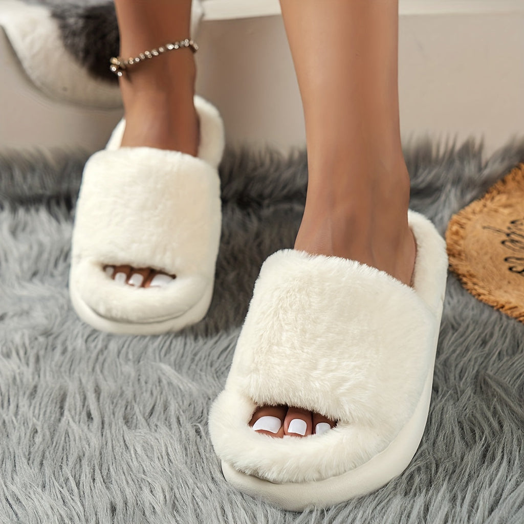 Women's Fluffy Faux Fur Platform House Slippers - Cozy, Warm & Fuzzy Single Band - US 5.5–11 - Pink, Black, Coffee, Multi-Color, Leopard Print, White, Khaki & Grey