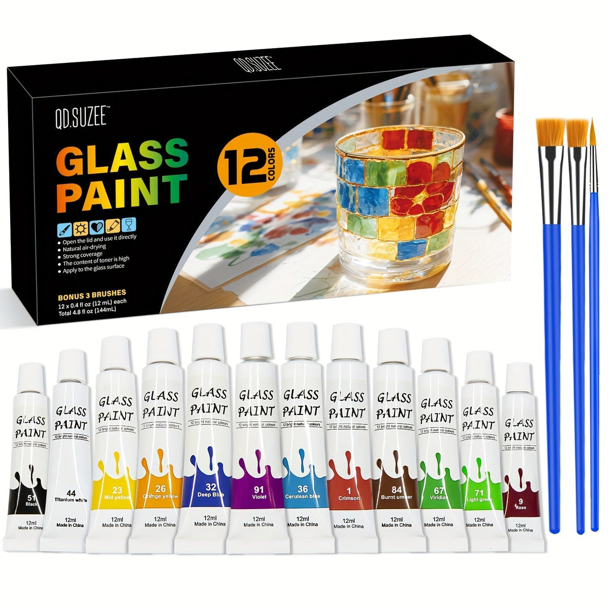Glass Paint Set 12 Colors Non-Toxic Acrylic Stained Glass Painting Kit for Wine Glasses, Windows, Ceramic Mugs, ASTM Certified, Odorless, with 3 Brushes for Adults, Artists, and Beginners