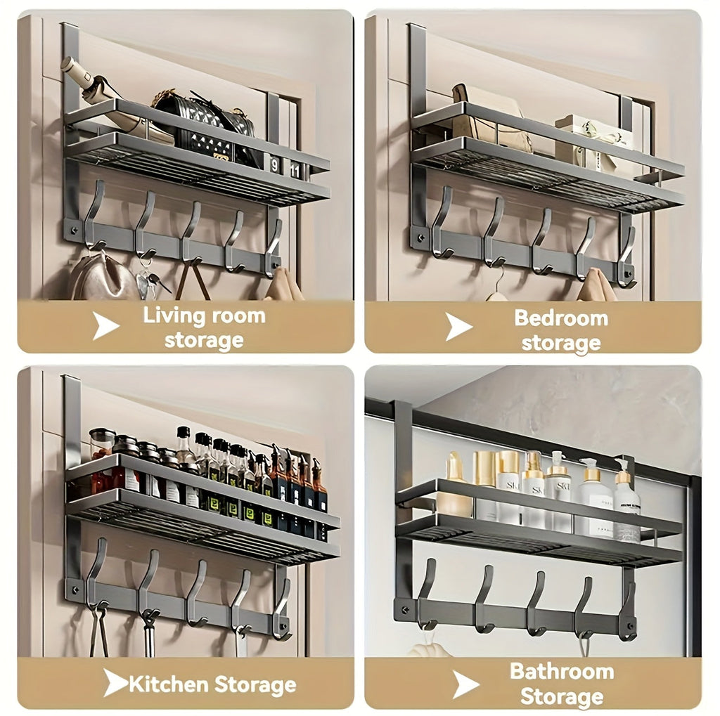 Over-the-Door Storage Rack with Hooks, Heavy-Duty Metal Organizer for Bedroom, Bathroom, Kitchen, and Closet Door, No Tools Required, 4 to 8 Hooks