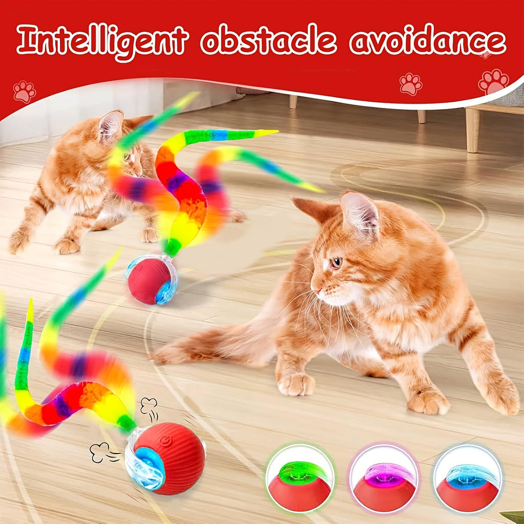 Automatic Rolling Cat Ball Toy, USB Rechargeable, Luminous Self-Entertaining Smart Cat Toy, Bite-Resistant Plastic with Caterpillar Tail for Indoor Cats and Kittens (Second Gen Upgrade)