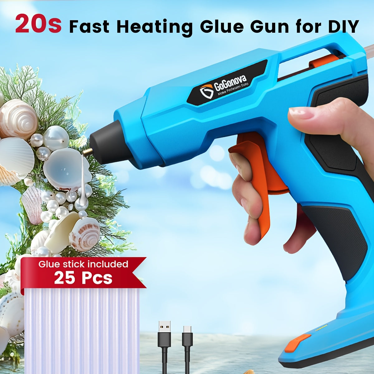 Cordless Hot Glue Gun, USB Rechargeable with 25 Glue Sticks – 20-Second Fast Heating, Anti-Drip Safety Design for DIY Crafts, Home Repairs, Plush Toy Restoration, and Handmade Projects – Pink, Grey, Blue