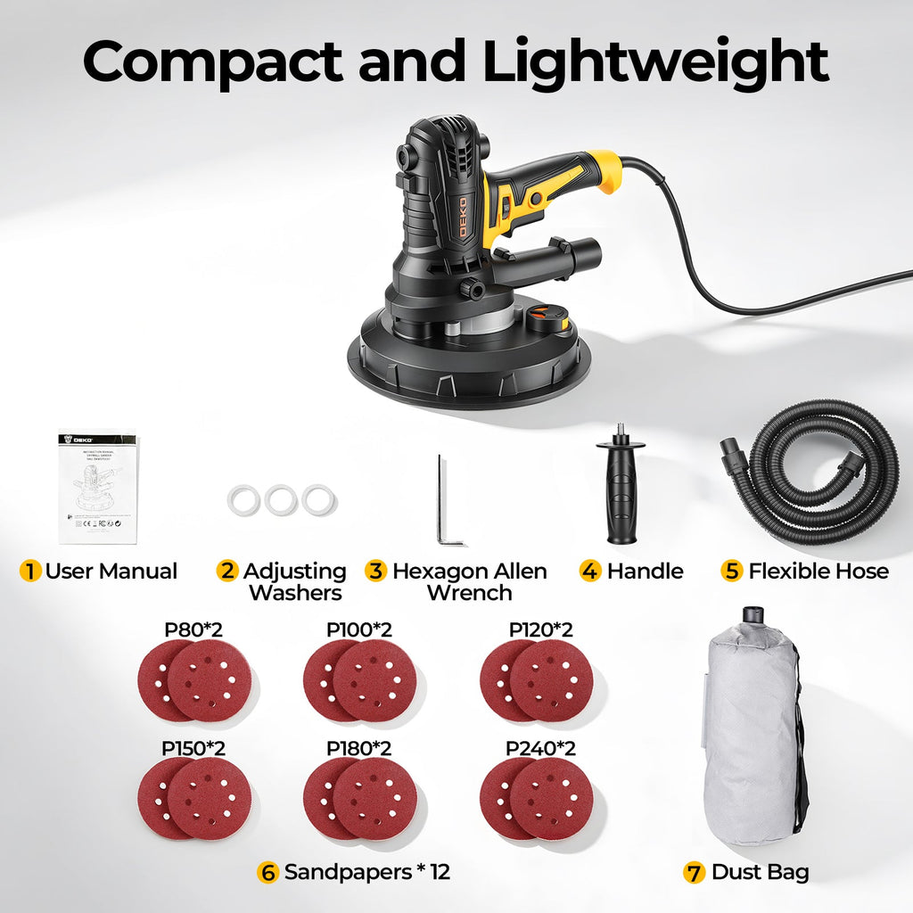7.5Amp Drywall Sander 900W, Variable Speed 1400-2700RPM, 175mm Sanding Pad, Dust Collection Bag & Hose, 12 Sanding Discs Included, for Wall Ceiling Paint Removal & Finishing