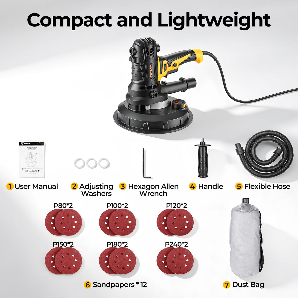 7.5Amp Drywall Sander 900W, Variable Speed 1400-2700RPM, 175mm Sanding Pad, Dust Collection Bag & Hose, 12 Sanding Discs Included, for Wall Ceiling Paint Removal & Finishing